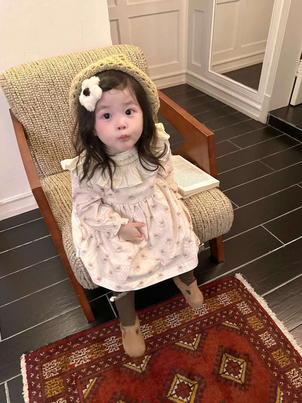 長袖ワンピース 長袖ワンピース ギャザーフリル襟 スモッキング刺繍 小花柄【mh0011509】