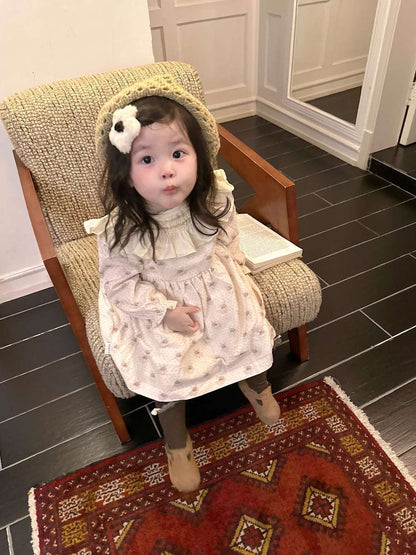 長袖ワンピース 長袖ワンピース ギャザーフリル襟 スモッキング刺繍 小花柄【mh0011509】