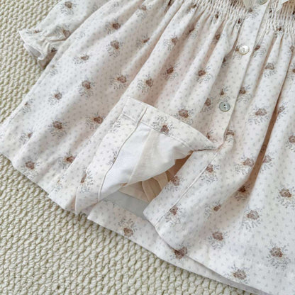 長袖ワンピース 長袖ワンピース ギャザーフリル襟 スモッキング刺繍 小花柄【mh0011509】