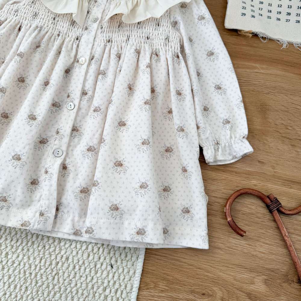 長袖ワンピース 長袖ワンピース ギャザーフリル襟 スモッキング刺繍 小花柄【mh0011509】