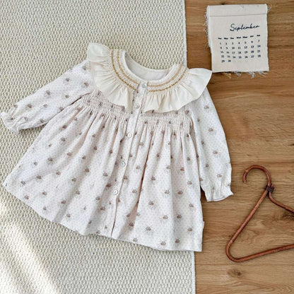 長袖ワンピース 長袖ワンピース ギャザーフリル襟 スモッキング刺繍 小花柄【mh0011509】