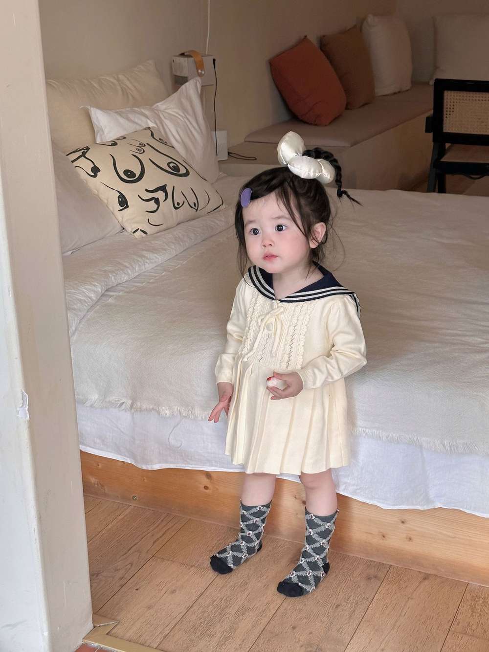 長袖ワンピース 長袖ニットワンピース セーラー襟 プリーツスカート ベビー服【mh0011512】