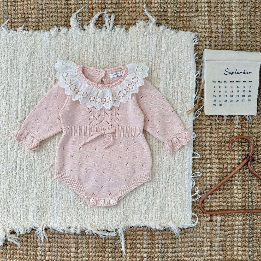 ロンパースセットアップ 長袖ニットロンパース レースフリル襟 レースニット ベビーウェア【mh0011515】