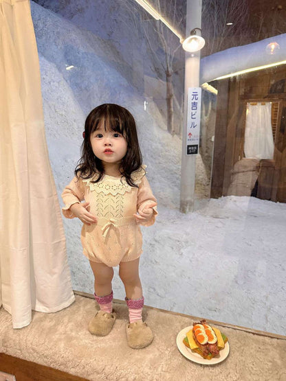 ロンパースセットアップ 長袖ニットロンパース レースフリル襟 レースニット ベビーウェア【mh0011515】