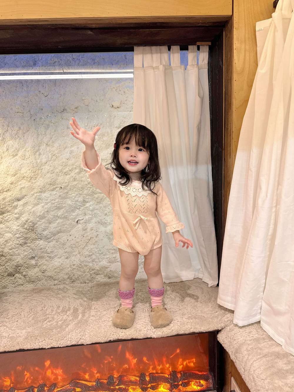 ロンパースセットアップ 長袖ニットロンパース レースフリル襟 レースニット ベビーウェア【mh0011515】