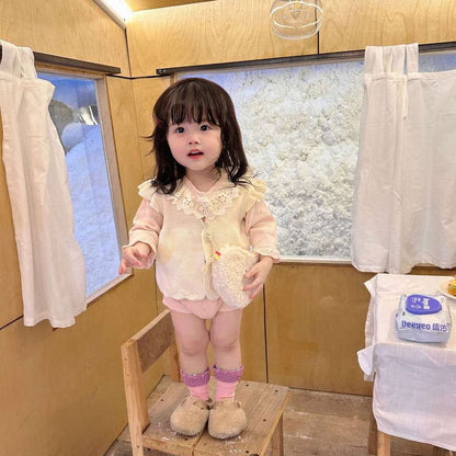 ロンパースセットアップ 長袖ニットロンパース レースフリル襟 レースニット ベビーウェア【mh0011515】