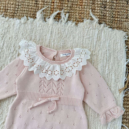 ロンパースセットアップ 長袖ニットロンパース レースフリル襟 レースニット ベビーウェア【mh0011515】