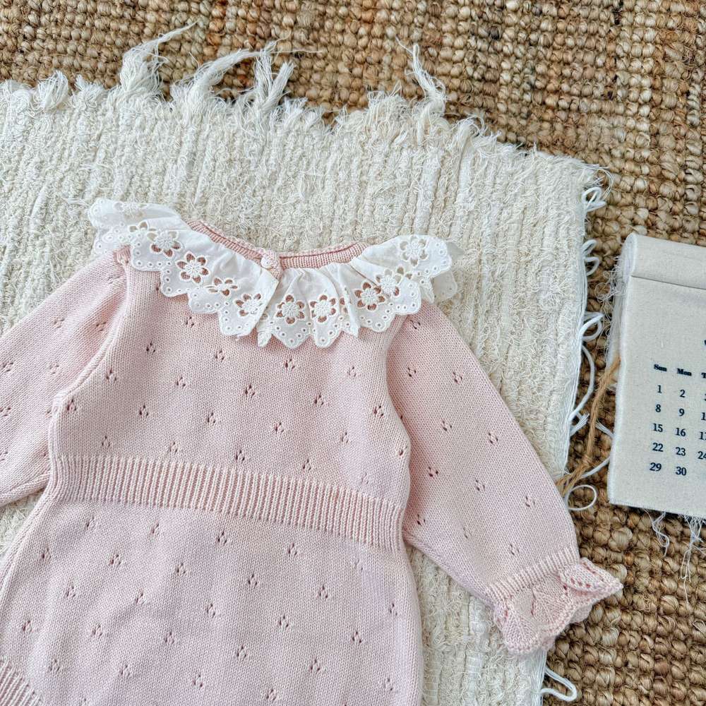 ロンパースセットアップ 長袖ニットロンパース レースフリル襟 レースニット ベビーウェア【mh0011515】
