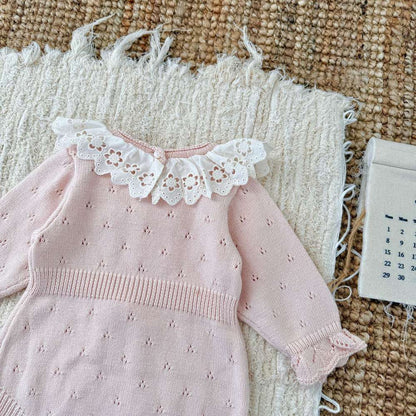 ロンパースセットアップ 長袖ニットロンパース レースフリル襟 レースニット ベビーウェア【mh0011515】