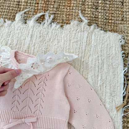 ロンパースセットアップ 長袖ニットロンパース レースフリル襟 レースニット ベビーウェア【mh0011515】