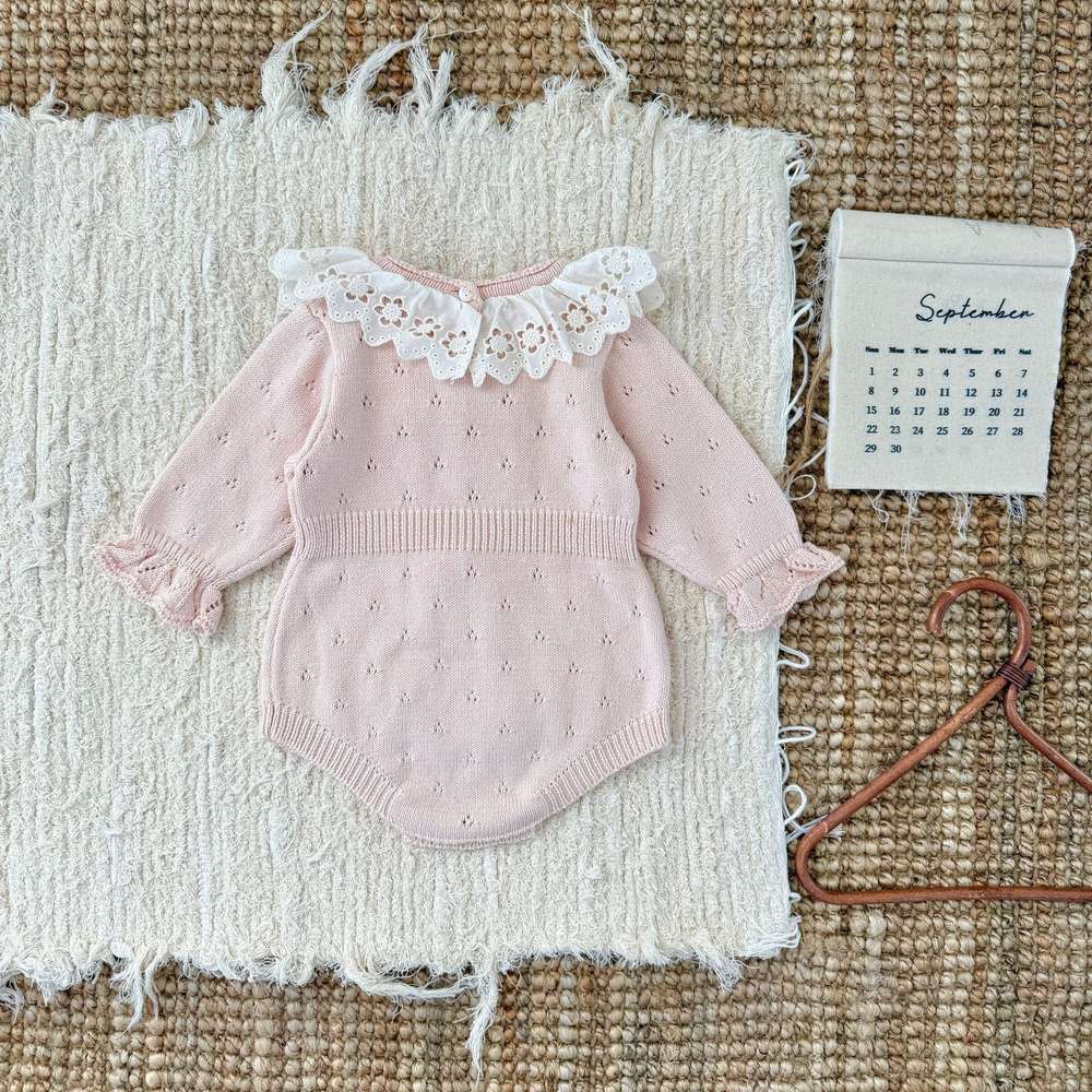ロンパースセットアップ 長袖ニットロンパース レースフリル襟 レースニット ベビーウェア【mh0011515】