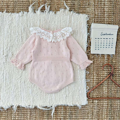 ロンパースセットアップ 長袖ニットロンパース レースフリル襟 レースニット ベビーウェア【mh0011515】