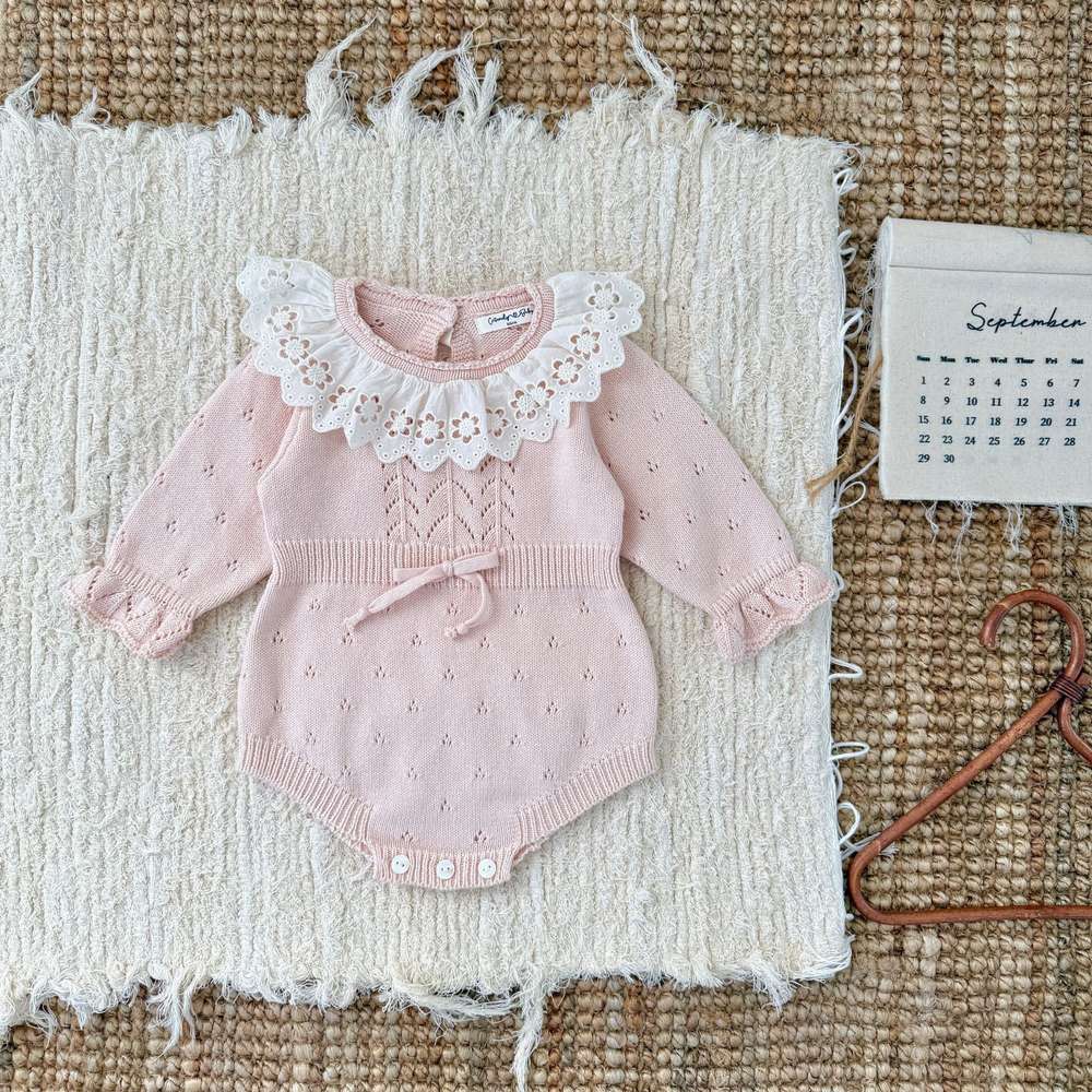 ロンパースセットアップ 長袖ニットロンパース レースフリル襟 レースニット ベビーウェア【mh0011515】