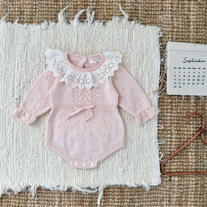 ロンパースセットアップ 長袖ニットロンパース レースフリル襟 レースニット ベビーウェア【mh0011515】