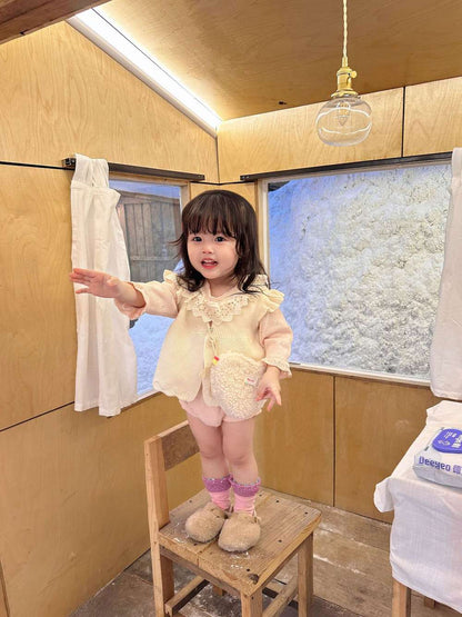 ロンパースセットアップ 長袖ニットロンパース レースフリル襟 レースニット ベビーウェア【mh0011515】