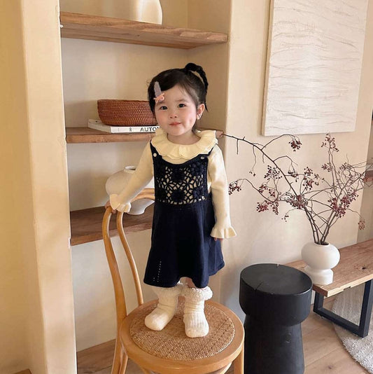 長袖セットアップ ノースリーブクロシェワンピース/長袖フリルニット リブセーター ドレス【mh0011516】