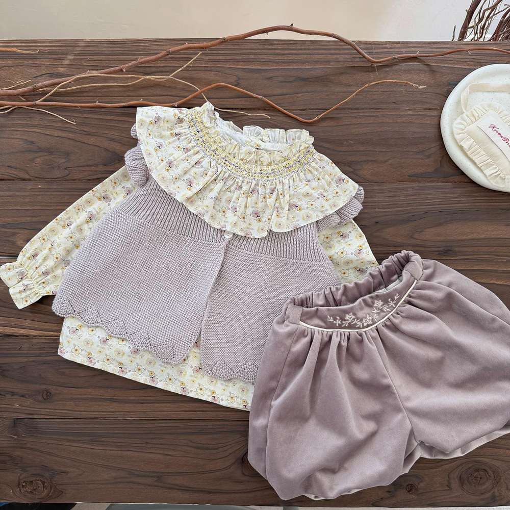 長袖セットアップ 長袖小花柄ブラウス フリルネック シャツ バルーンショートパンツ【mh0011519】