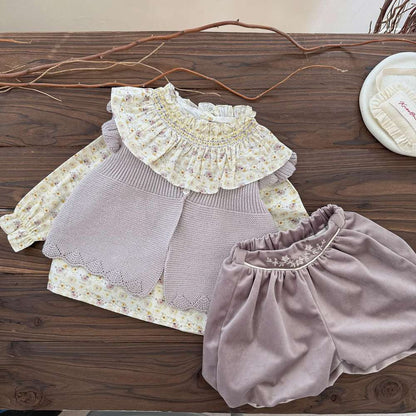 長袖セットアップ 長袖小花柄ブラウス フリルネック シャツ バルーンショートパンツ【mh0011519】