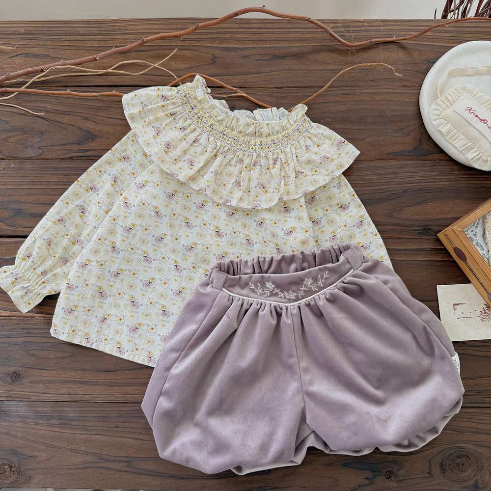 長袖セットアップ 長袖小花柄ブラウス フリルネック シャツ バルーンショートパンツ【mh0011519】