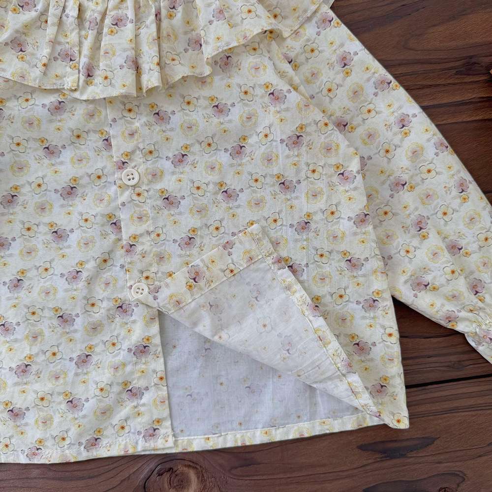 長袖セットアップ 長袖小花柄ブラウス フリルネック シャツ バルーンショートパンツ【mh0011519】