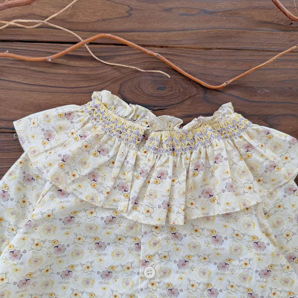 長袖セットアップ 長袖小花柄ブラウス フリルネック シャツ バルーンショートパンツ【mh0011519】