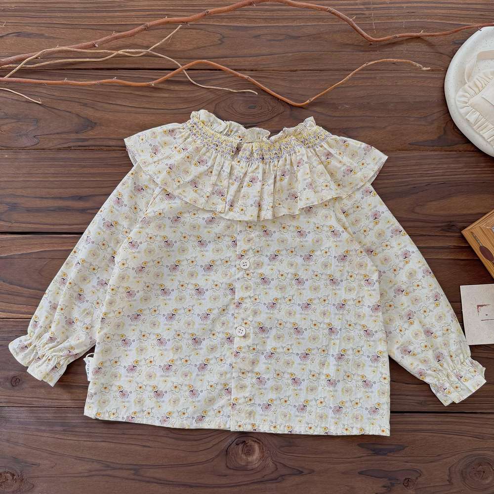 長袖セットアップ 長袖小花柄ブラウス フリルネック シャツ バルーンショートパンツ【mh0011519】