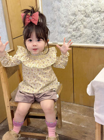 長袖セットアップ 長袖小花柄ブラウス フリルネック シャツ バルーンショートパンツ【mh0011519】