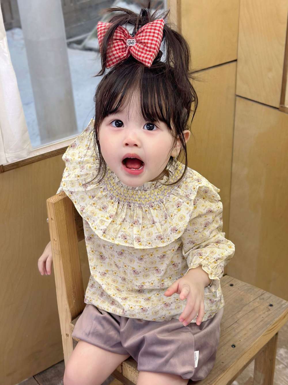 長袖セットアップ 長袖小花柄ブラウス フリルネック シャツ バルーンショートパンツ【mh0011519】