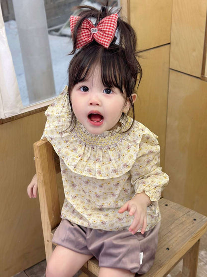 長袖セットアップ 長袖小花柄ブラウス フリルネック シャツ バルーンショートパンツ【mh0011519】