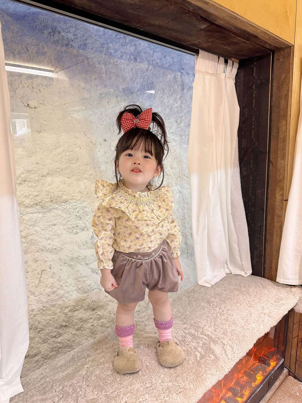 長袖セットアップ 長袖小花柄ブラウス フリルネック シャツ バルーンショートパンツ【mh0011519】