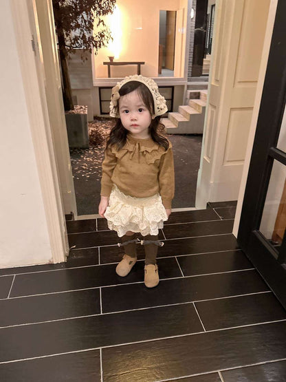 長袖セットアップ 長袖ニットセーター フリルネック プルオーバー レースフリル スカートブルマ【mh0011520】