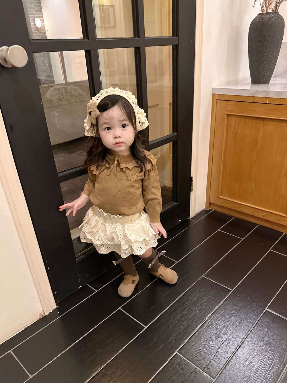 長袖セットアップ 長袖ニットセーター フリルネック プルオーバー レースフリル スカートブルマ【mh0011520】