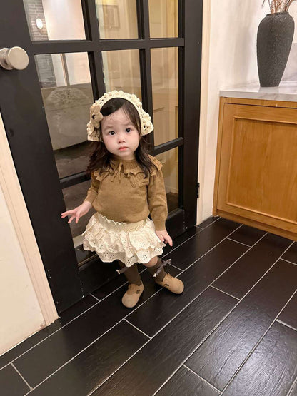 長袖セットアップ 長袖ニットセーター フリルネック プルオーバー レースフリル スカートブルマ【mh0011520】