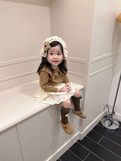 長袖セットアップ 長袖ニットセーター フリルネック プルオーバー レースフリル スカートブルマ【mh0011520】