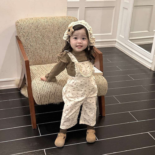 長袖セットアップ 小花柄サロペットパンツ レースニット フリルセーター【mh0011522】