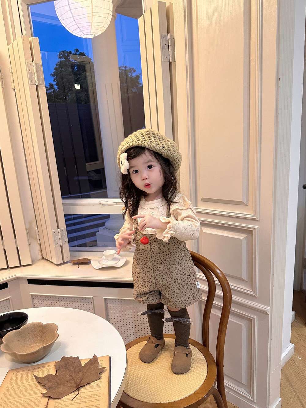 長袖セットアップ レースニット長袖セーター フラワープリント サスペンダーパンツ【mh0011523】