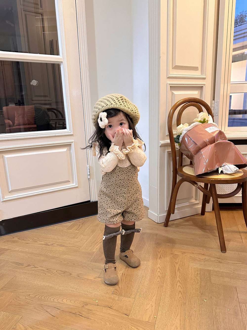 長袖セットアップ レースニット長袖セーター フラワープリント サスペンダーパンツ【mh0011523】