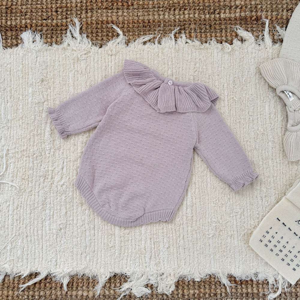 長袖ロンパース 長袖ニットロンパース ラッフルカラー フリル襟 ボディスーツ【mh0011526】