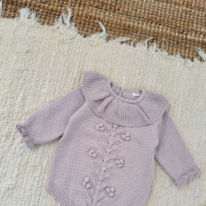 長袖ロンパース 長袖ニットロンパース ラッフルカラー フリル襟 ボディスーツ【mh0011526】