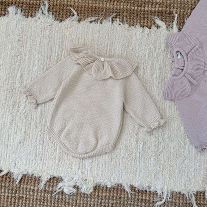 長袖ロンパース 長袖ニットロンパース ラッフルカラー フリル襟 ボディスーツ【mh0011526】