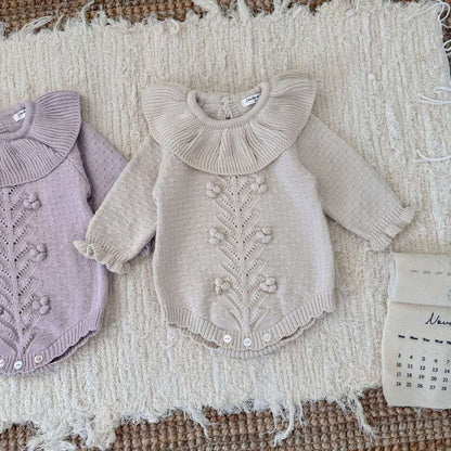 長袖ロンパース 長袖ニットロンパース ラッフルカラー フリル襟 ボディスーツ【mh0011526】