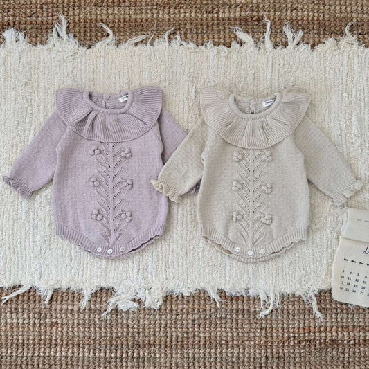 長袖ロンパース 長袖ニットロンパース ラッフルカラー フリル襟 ボディスーツ【mh0011526】