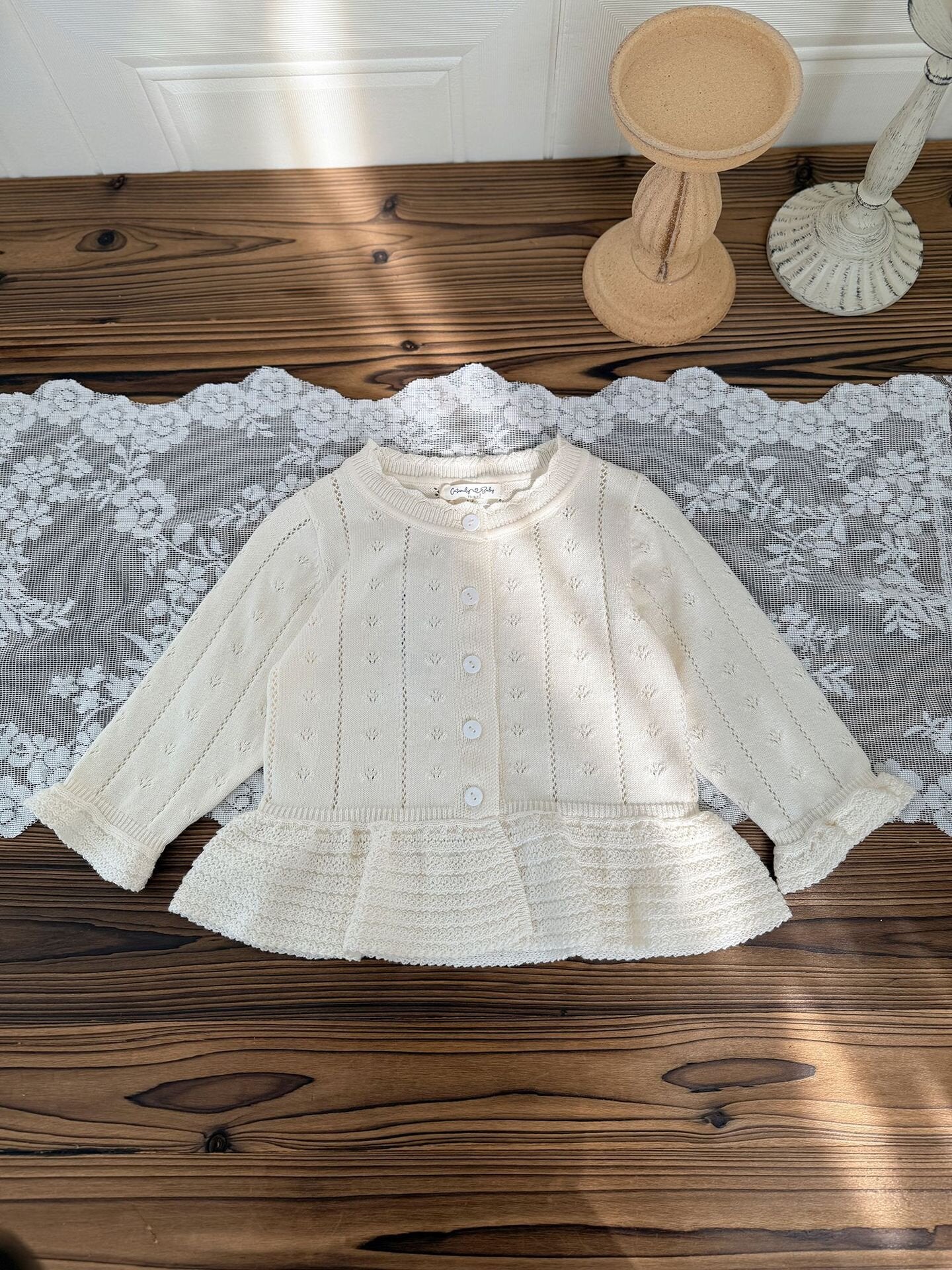 カーディガン・パーカー Milk White / 73cm Jacquard Ruffled Knitted Cardigan ジャガードフリルニットカーディガン【mh0012110】