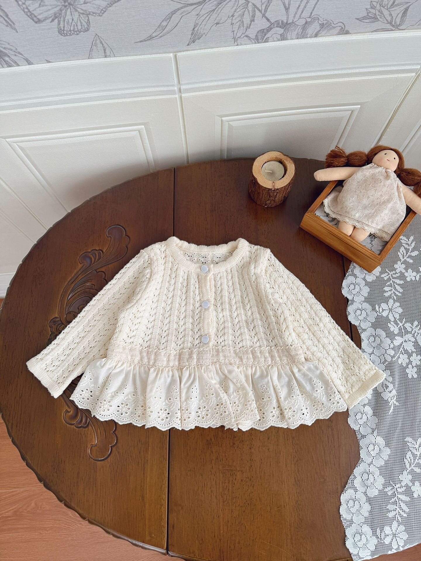 カーディガン・パーカー Milk White / 73cm Lace Trimmed Cutout Knitted Cardigan レース切替 透かし編み ニット カーディガン【mh0012156】
