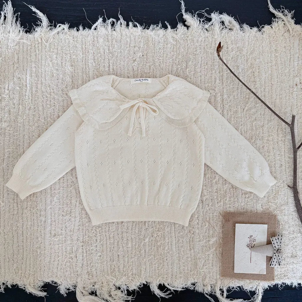 ニット・セーター Milk White / 73cm 花柄レースフリル襟ニットプルオーバー【mh0011167】