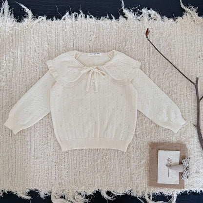 ニット・セーター Milk White / 73cm 花柄レースフリル襟ニットプルオーバー【mh0011167】