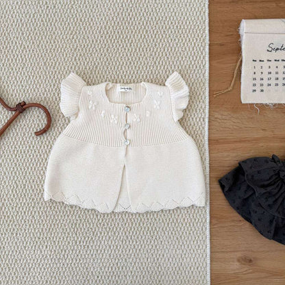 ロンパースセットアップ Milky White Vest / 73cm 長袖ニットロンパース レースフリル襟 レースニット ベビーウェア【mh0011515】