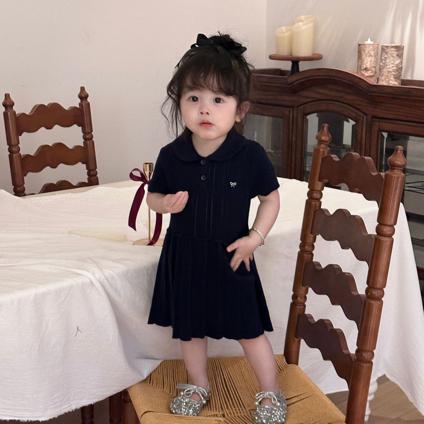 半袖ワンピース Navy Blue / 80cm ベビーキッズワンピース レースニット半袖ポロシャツワンピース【mh0009120】