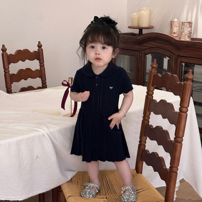 半袖ワンピース Navy Blue / 80cm ベビーキッズワンピース レースニット半袖ポロシャツワンピース【mh0009120】