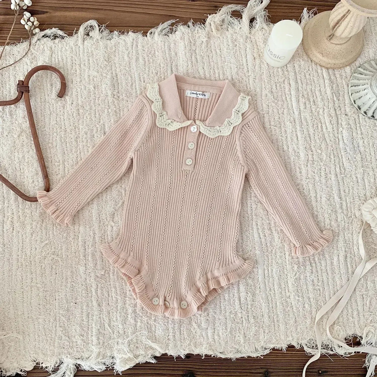 長袖ロンパース Pink / 66cm 0-6m ベビーロンパース フリル襟長袖ニットボディスーツ 2カラー【mh0007437】